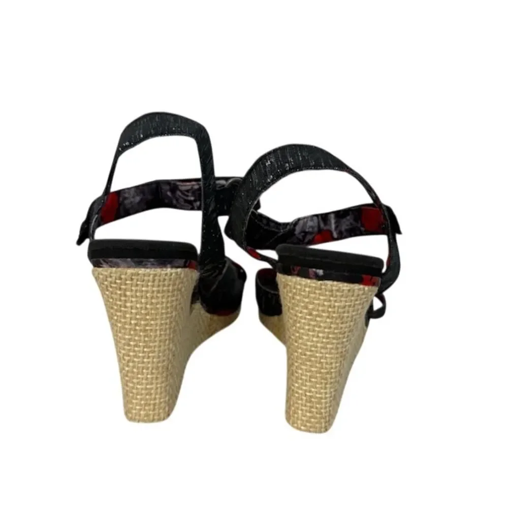 Skechers Women's Wedge Sandals Size 8 Strappy Espadrille Black Comfort